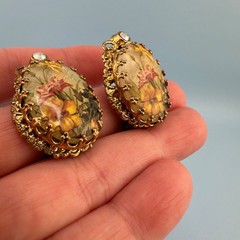 Vintage West Germany Clip On Earrings Gold Tone Filigree Floral Decal Rhinestone