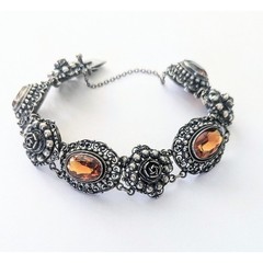 Antique PERUZZI Florence 800 Silver Ornate Rosette Faceted Citrine Link Bracelet