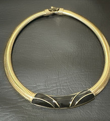Vintage Omega Black Enamel Gold Tone Textured Pendant Necklace 16”