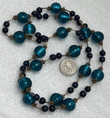 Vintage Teal Blue Glass & Dark Blue Wood Bead Brass Spacer Necklace 37”