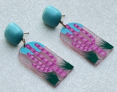 Modern Art Deco Style Pink Cactus Dangle Earrings Blue Stud Acrylic Statement
