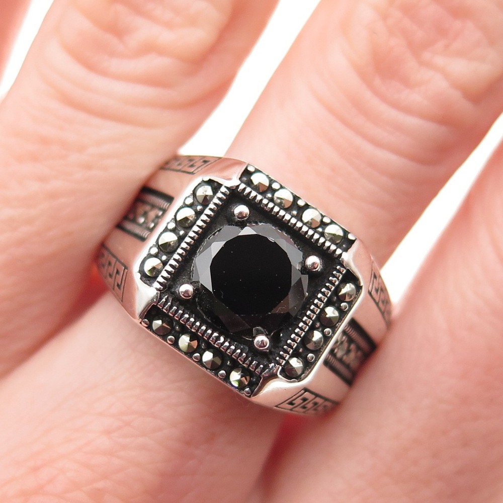 925 Sterling Silver Vintage Real Black Spinel & Marcasite Ring Size 11.25