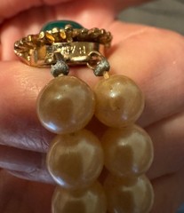 Vintage Japan Double Strand Glass Pearl Necklace Green Cabochon Clasp