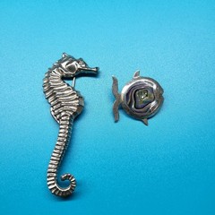 Vintage Sterling Pin Brooch 1 Seahorse & 1 Abalone Tropical Fish