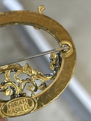 53. Vintage Miriam Haskell Gold tone Faux Pearl Oval Open Work Pin 45mm. As Is