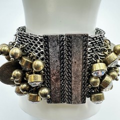 Chunky Antique Gold & Gunmetal Charm Cuff – Multi-Chain Statement Bracelet