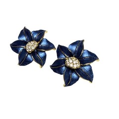 Vintage Blue Gold Flower Clip-On Earrings Rhinestone Center Statement Jewelry