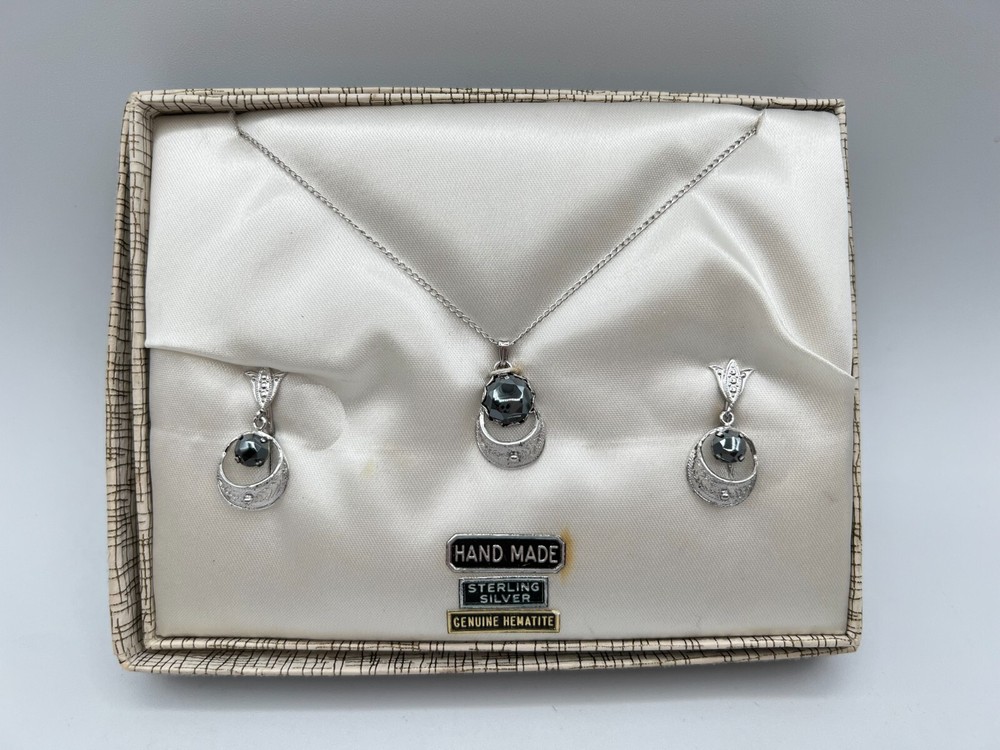 Sterling Silver Hematite Necklace and Earrings Non Pierced Screw Hinged Clip On