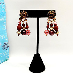 Burgundy Cranberry Copper Colored Multi Shape & Strand Bead Pierced Vtg Earrings