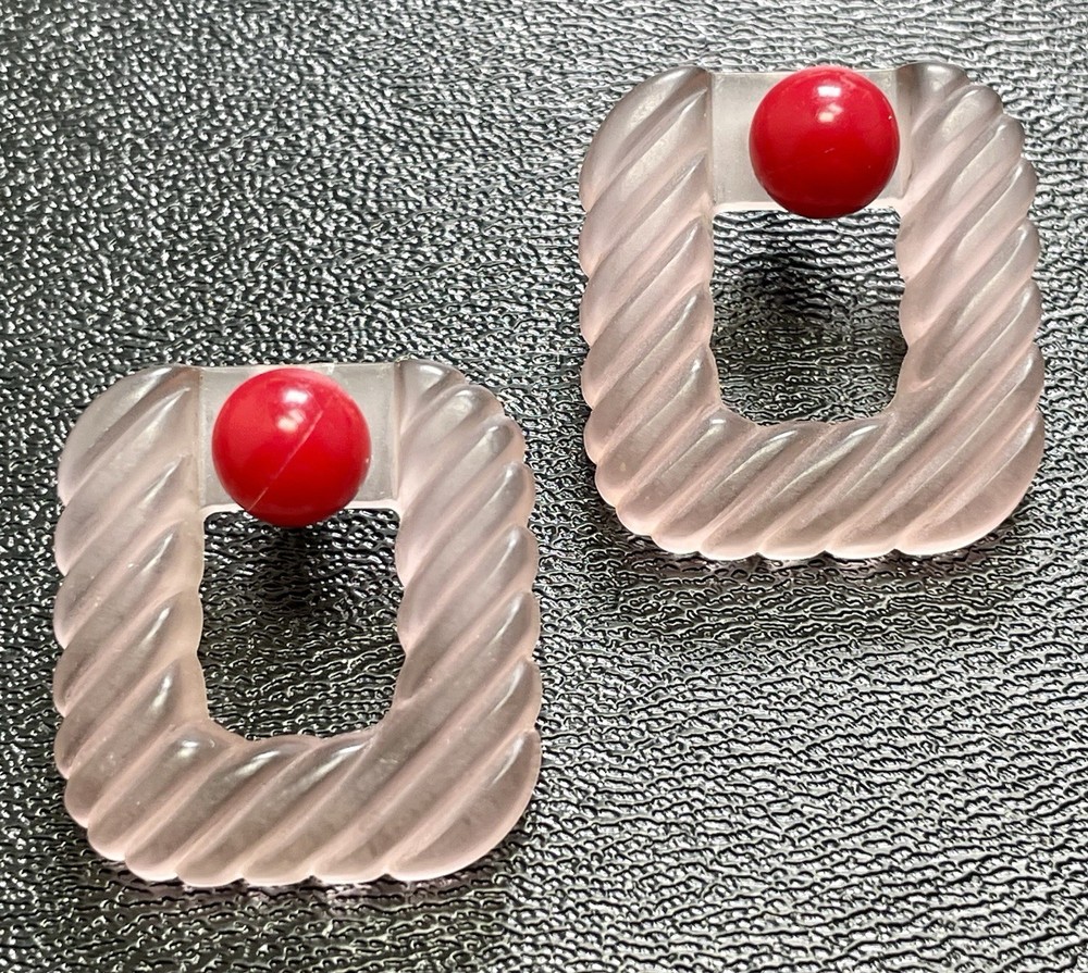 Vintage 1.1” Red Ball Frosted Pink Acrylic Dangle Earrings