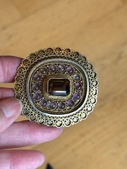 Vintage Israel 935 Silver Citrine Amethyst Cabochons Filigree Brooch Pin