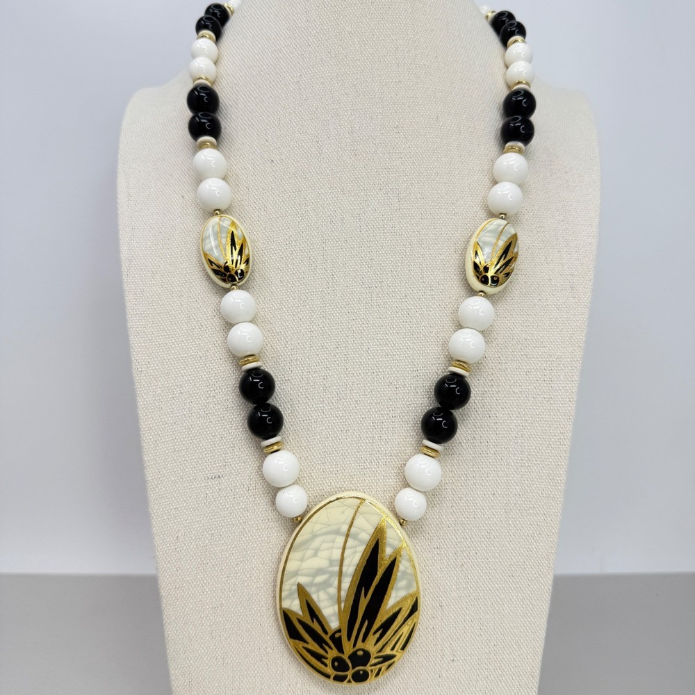 Vintage Japan Beaded Necklace Black White Gold Leaf Pendant Mid Century Modern