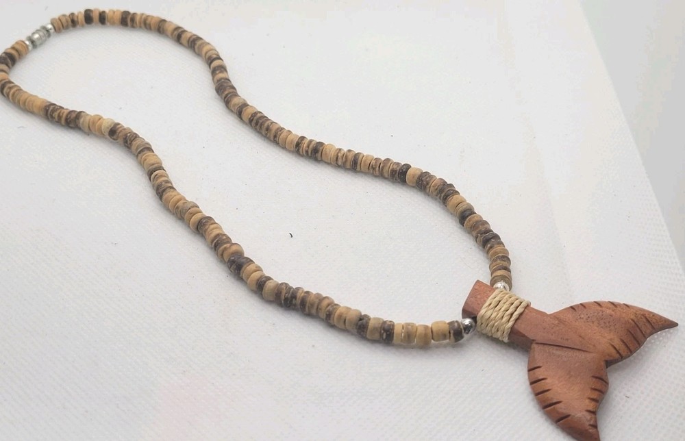 Boho Style Fish Tail Wood Coconat Beads Necklace 16in.
