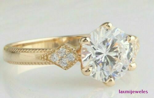 1.50 Ct Round Lab-Created Diamond Ring Antique Art Deco 14K Yellow Gold Over