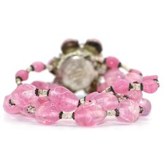 Vintage Signed Miriam Haskell Pink Art Glass 3 Strand Floral Bracelet
