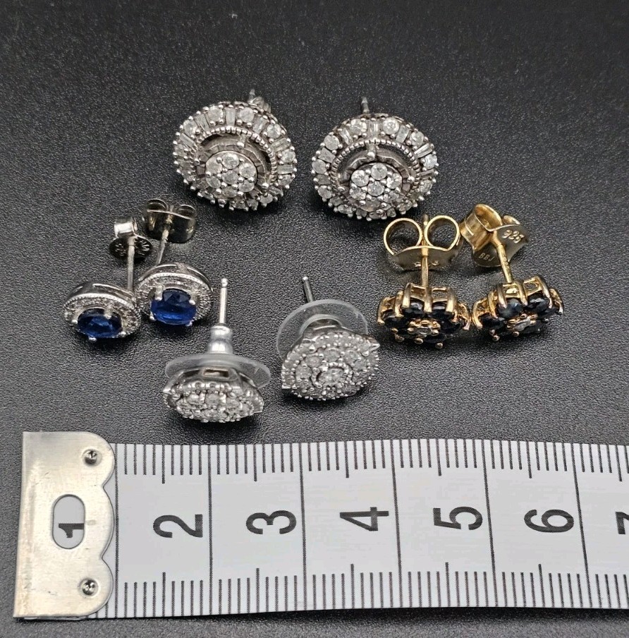 925 Sterling Silver Diamond & Sapphire Earring Collection – 4 Pairs – 11.27g