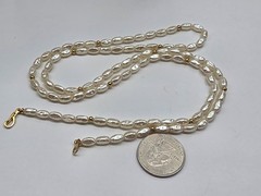 Pat. Pend. Off White Faux Rice Pearl Gold Tone Metal Beaded Necklace Vintage