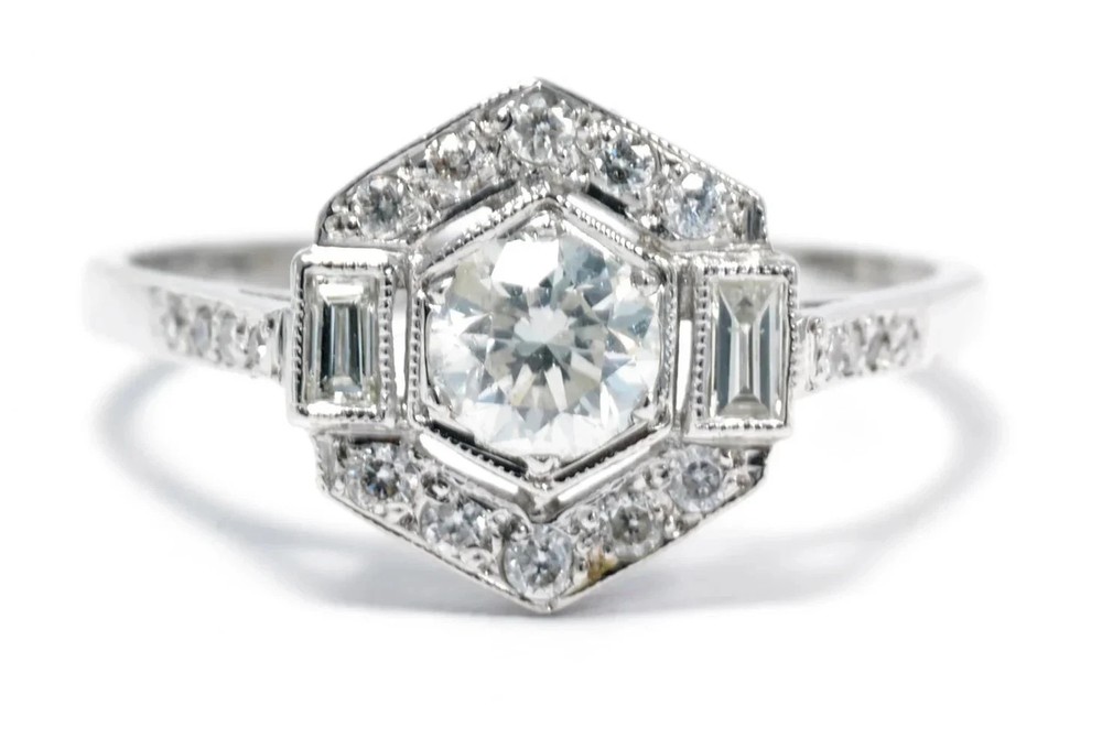 Art Deco Style 2 Ct Round Cut Lab Created Diamond Wedding 14K White Gold FN Ring