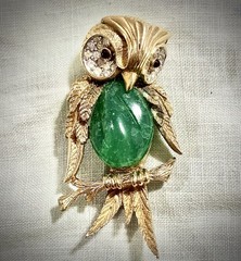 RARE Vintage Marcel Boucher 7897P Owl Brooch Figural Green Belly Rhinestone HTF