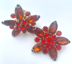 Vintage Orange Red Rhinestone Judy Lee Flower Earrings Clip On Signed