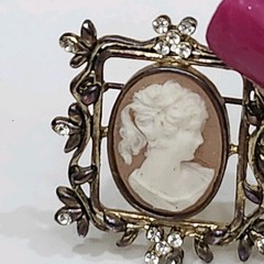 Vintage Cameo Brooch Gold Tone Floral Square Frame Crystals Signed AAi
