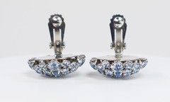Vintage Rhinestone Earrings Domed Blue Baguette Round Stones Silver Tone Clip-on