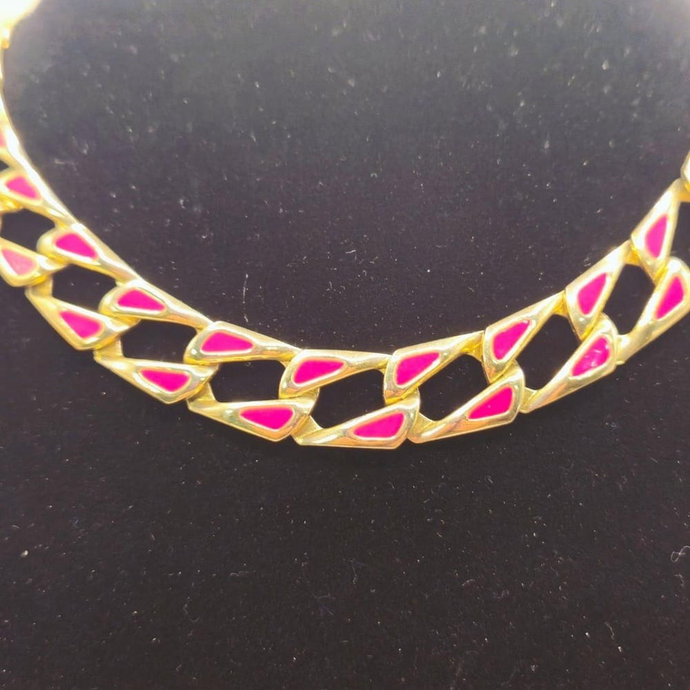 Vintage Gold Tone and Pink/Red Enamel Chunky Chain Link Choker Necklace