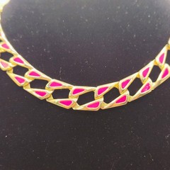 Vintage Gold Tone and Pink/Red Enamel Chunky Chain Link Choker Necklace