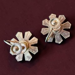 Art Deco Rhinestone Earrings Black Enamel Screwback Cogwheel Vintage