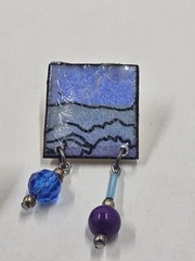 Vintage Artisan Enamel Copper Landscape Earrings Purple Blue Bead Dangle