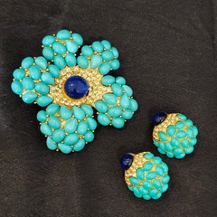 Vintage Trifari Turquoise Flower Brooch & Earrings Set Gold Tone VTG