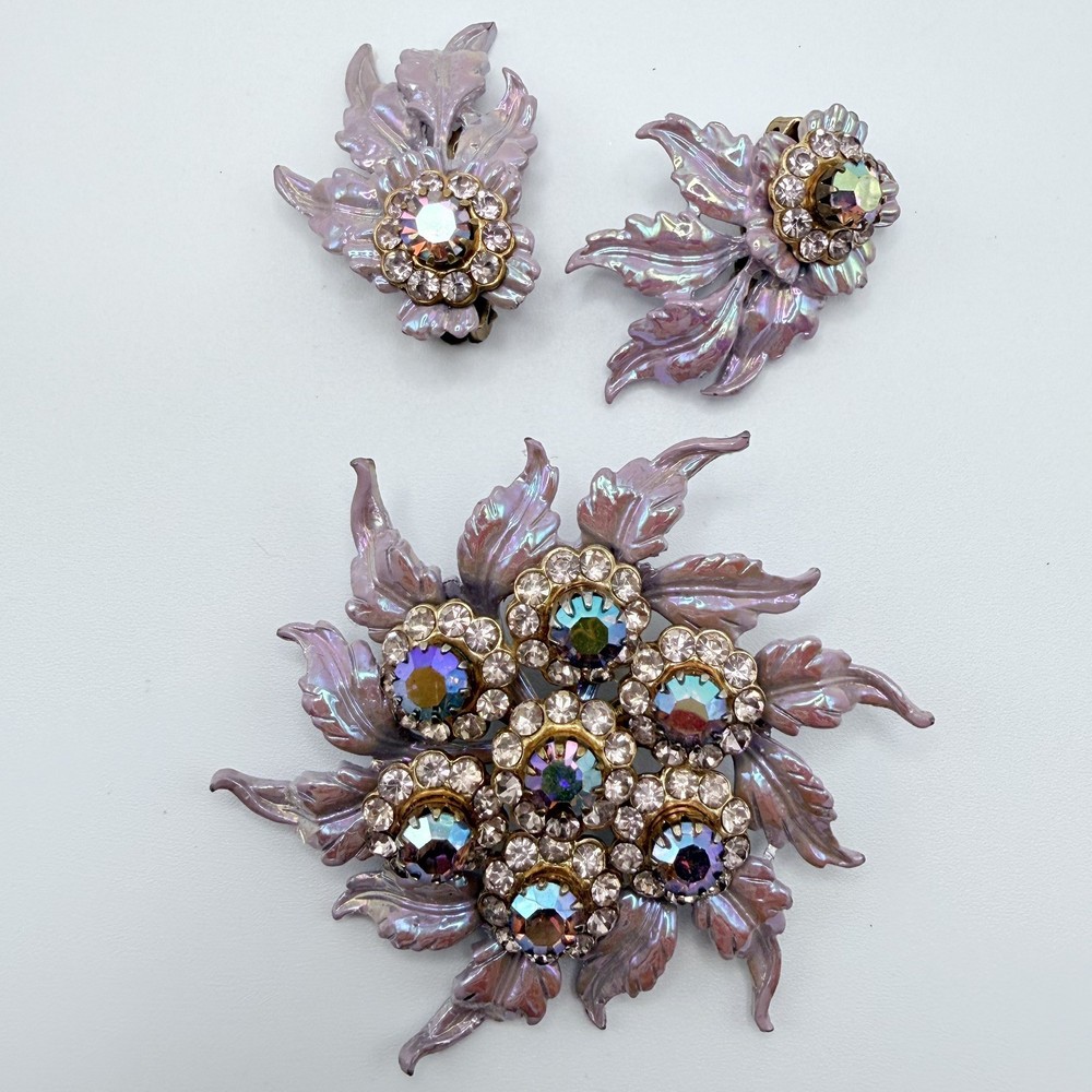 Selini Pearlescent Pink Rhinestone Brooch & Clip-On Earrings AB Crystal Vintage