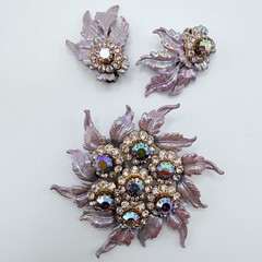 Selini Pearlescent Pink Rhinestone Brooch & Clip-On Earrings AB Crystal Vintage