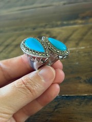 Marcasite Sterlling Silver Chunky Ring, Double Teardrop Turquoise Stone Ring