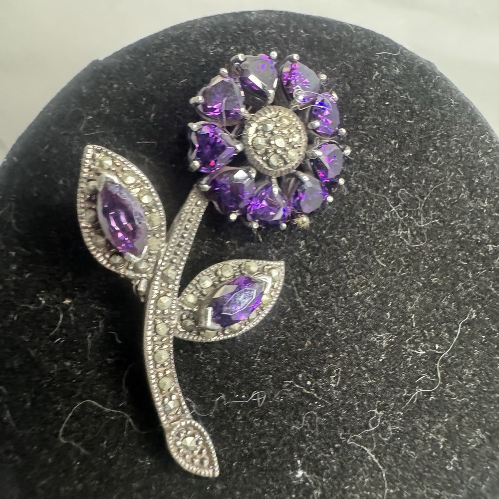 Vintage CZ Amethyst Marcasite 925 Sterling Silver Flower Brooch Pin 1.75 In 8.2g