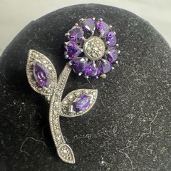Vintage CZ Amethyst Marcasite 925 Sterling Silver Flower Brooch Pin 1.75 In 8.2g