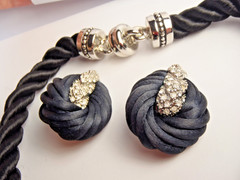 Vintage Twisted Black Cord Push Snap Lock Choker and Clip on Earring Set