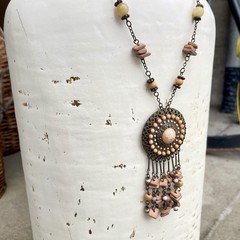 VTG VCLM Signed Boho Statement Medallion Necklace Peach Wood Bead Fringe Fringe