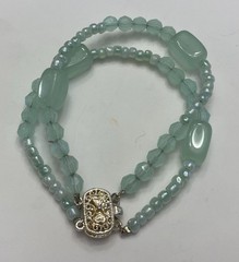 VTG Lightweight Palest Pastel Blue Green Two Strand Beaded Bracelet Silver Tone