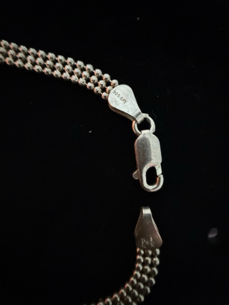 Italian Vintage 925 Sterling Silver Three Row Beaded Band Chain Choker 16”
