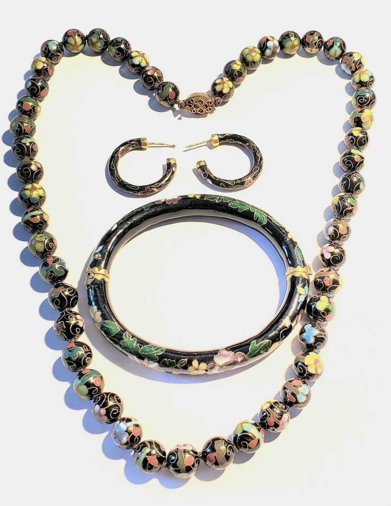 Vintage Asian Cloisonne Collection, 21 in. Necklace, Hinged Bracelet & Earrings