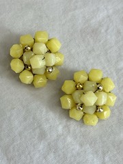 Hong Kong Yellow Beaded Necklace and Clip On Earrings Set Seven Strand Necklace