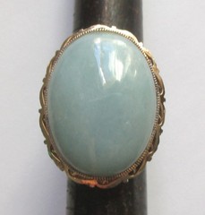 Sz 5.75 BIG BOLD VINTAGE STERLING SILVER CELEDON JADE SOLITAIRE RING TAIWAN