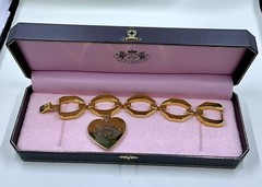 RARE Vintage Juicy Couture Large Link Crystal Crown Heart Charm Bracelet W/ Box