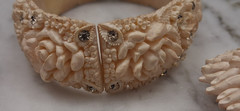 Vintage Cream Plastic Flower Rhinestone Earrings & Hinged Bangle Featherweight