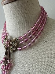 Early Miriam Haskell 3 Strand Pink Glass Filigree Wired Beads Festoon Necklace