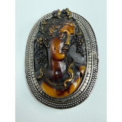 Antique Sterling Silver Cameo Brooch High Relief Amber Toned Lady Portrait #1193