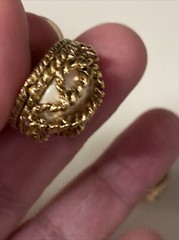 Vintage Carol Lee Earrings Large Statement Button Iridescent Pearl In Gold Cage