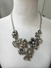 Retro Floral Bib Necklace Signed VCLM Rhinestones Faux Pearls Silver Tone