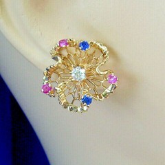 Original EARTH MINED DIAMOND Sapphire Ruby Deco Earrings Vintage SOLID 14K GOLD
